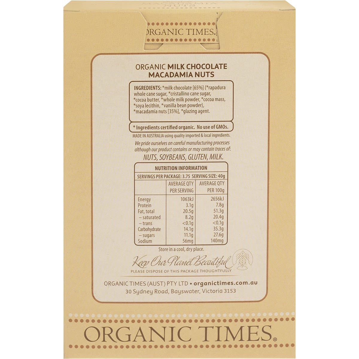 ORGANIC TIMES Milk Chocolate Macadamia Nuts 150g