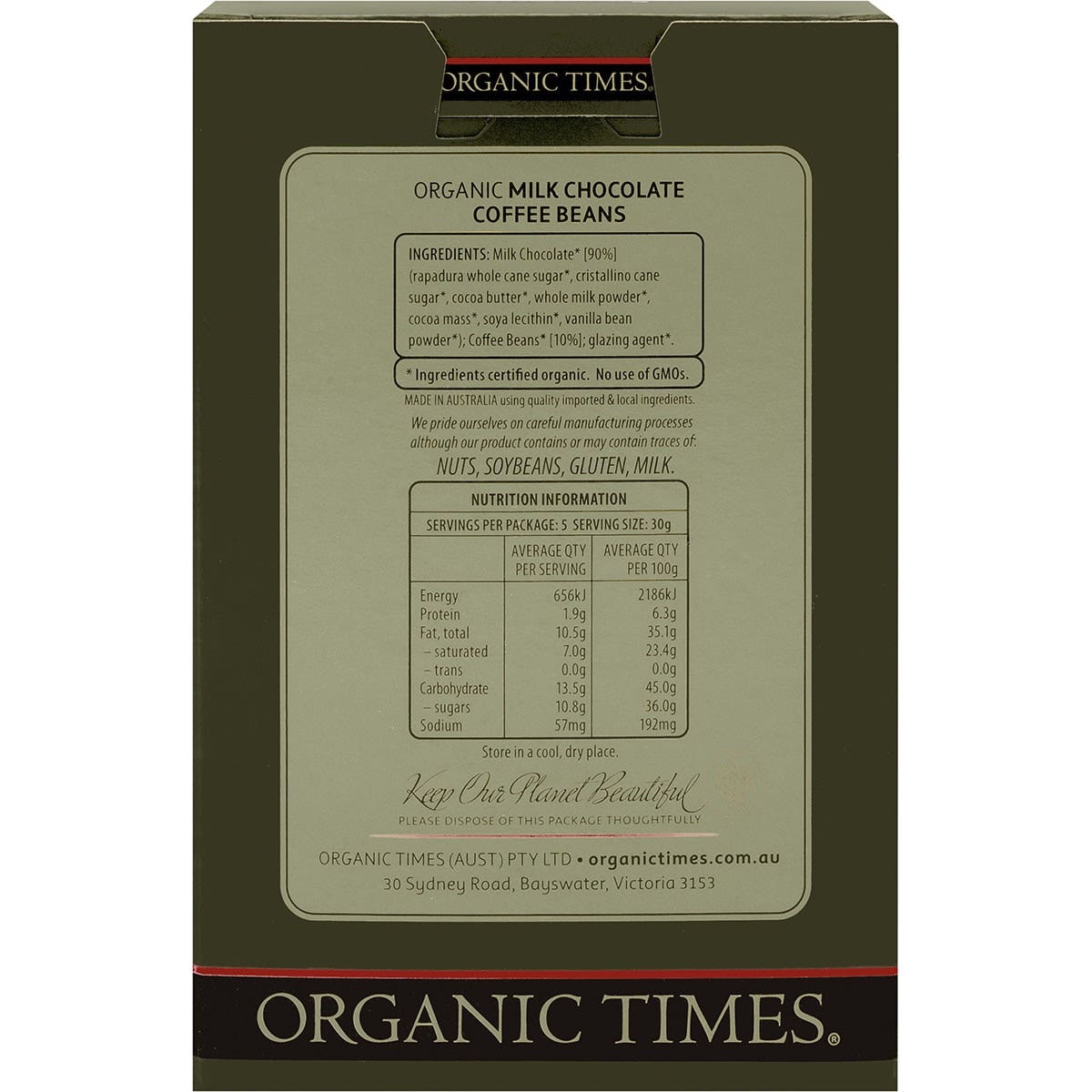 ORGANIC TIMES Milk Chocolate Coffee Beans 150g