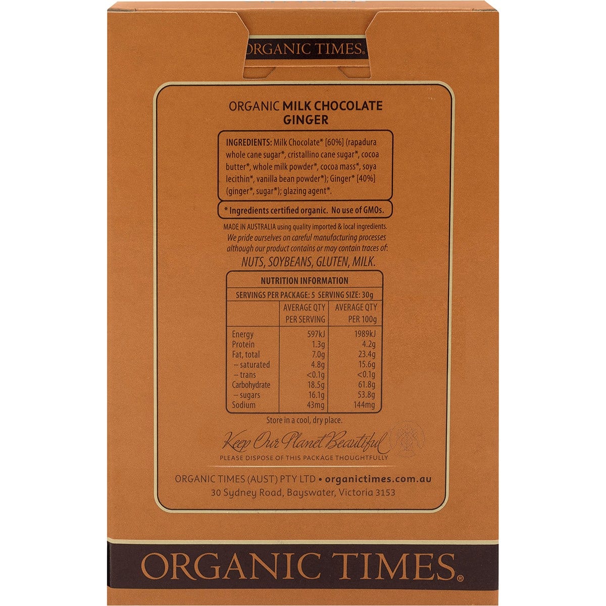 ORGANIC TIMES Milk Chocolate Ginger 150g