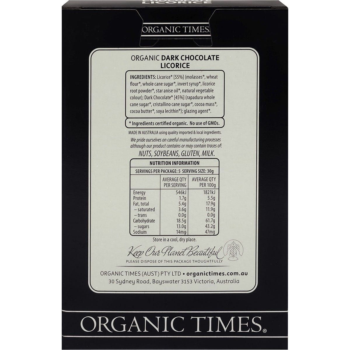 ORGANIC TIMES Dark Chocolate Licorice 150g