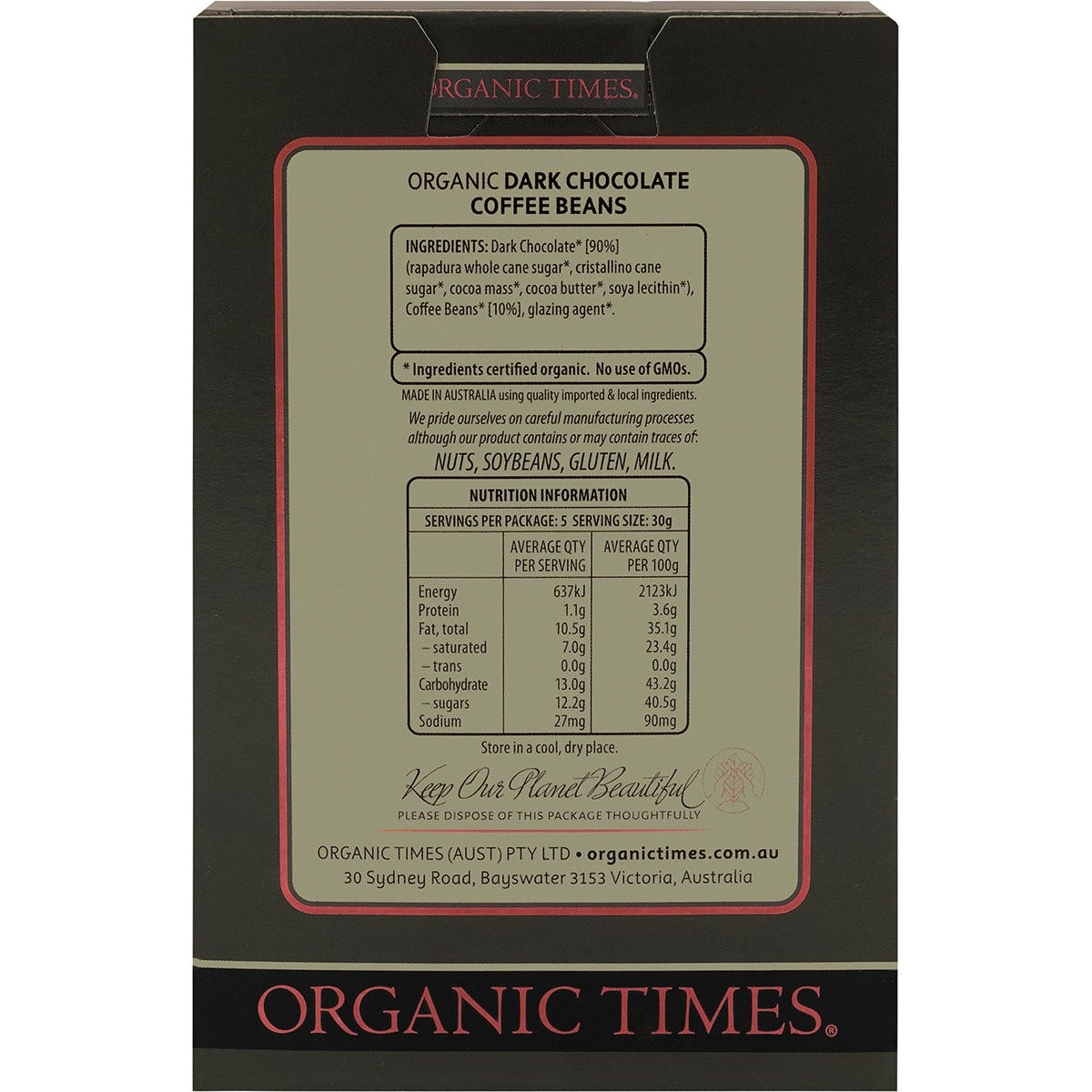 ORGANIC TIMES Dark Chocolate Coffee Beans 150g