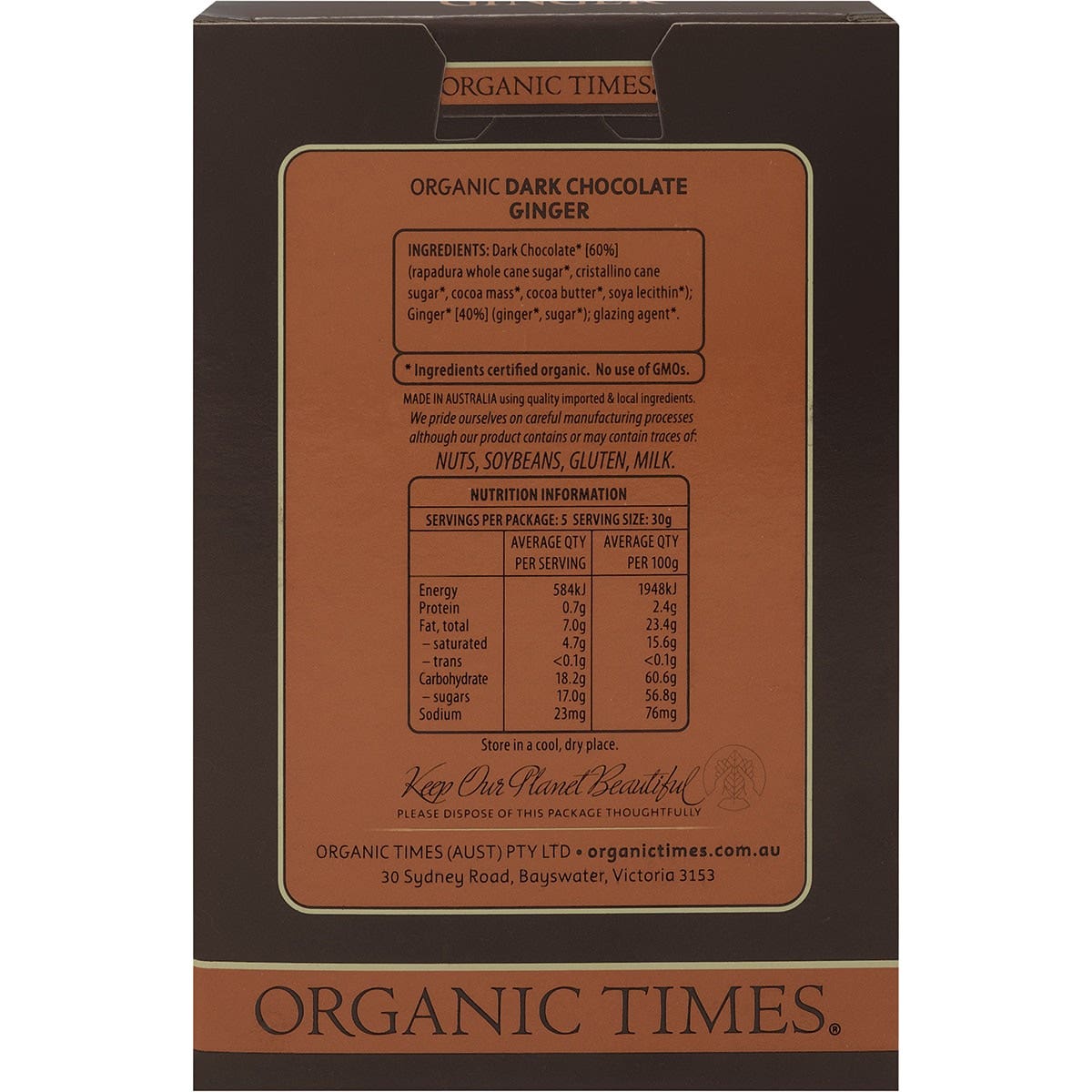 ORGANIC TIMES Dark Chocolate Ginger 150g