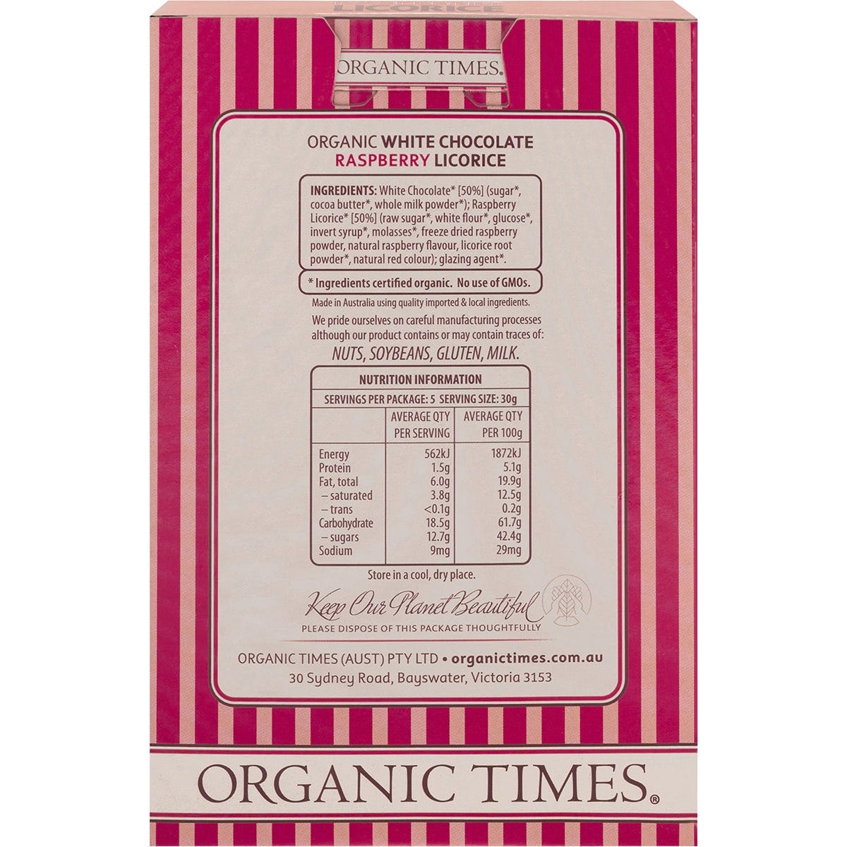 ORGANIC TIMES White Chocolate Raspberry Licorice 150g