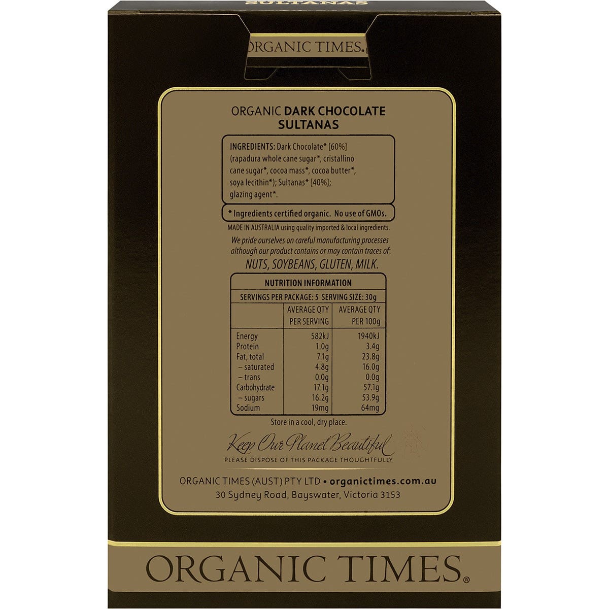 ORGANIC TIMES Dark Chocolate Sultanas 150g