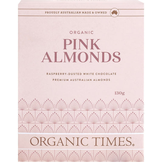 ORGANIC TIMES Pink Raspberry Dusted White Choc Almonds 130g