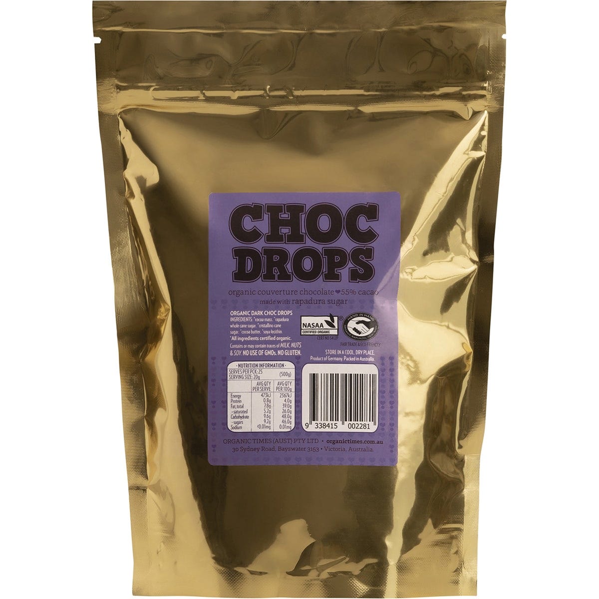 ORGANIC TIMES Choc Drops Dark Couverture Drops 500g