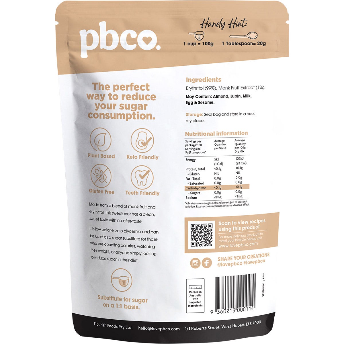 PBCO Monk Fruit & Erythritol Blend Natural Sweetener 600g