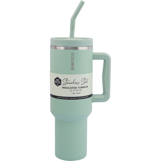 EVER ECO Insulated Tumbler w/ Handle & Straw Sage 1.18L