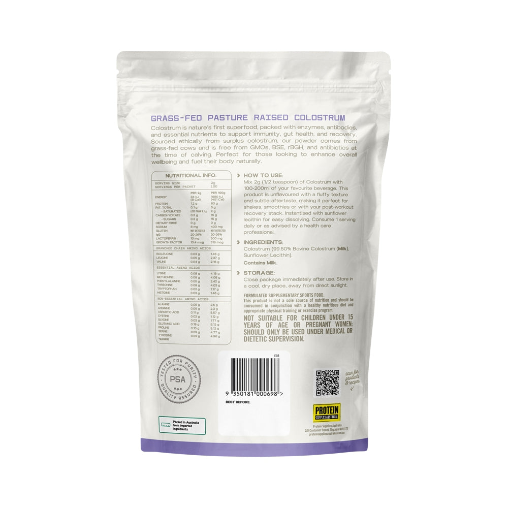 PROTEIN SUPPLIES AUSTRALIA Colostrum (Grass Fed) Pure - 20% Immunoglobulin (IgG) 200g