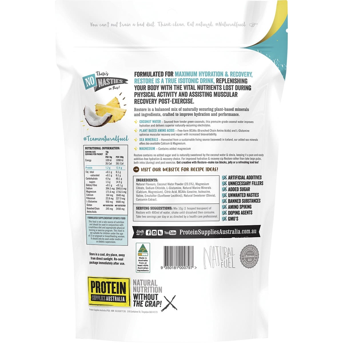 PROTEIN SUPPLIES AUSTRALIA Restore Hydration Recovery Drink Tropical 200g