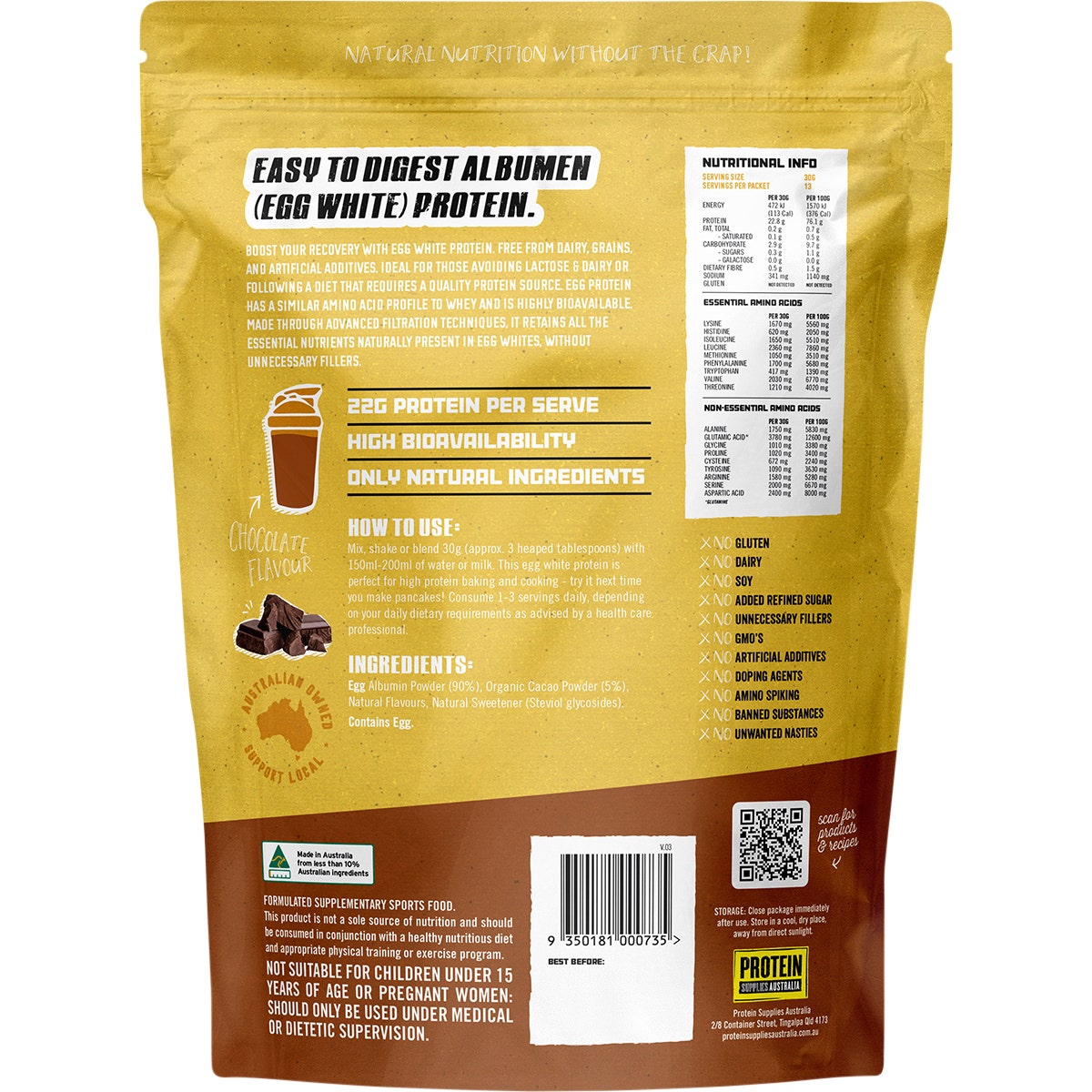 PROTEIN SUPPLIES AUSTRALIA PaleoPro (Egg White Protein) Chocolate 400g