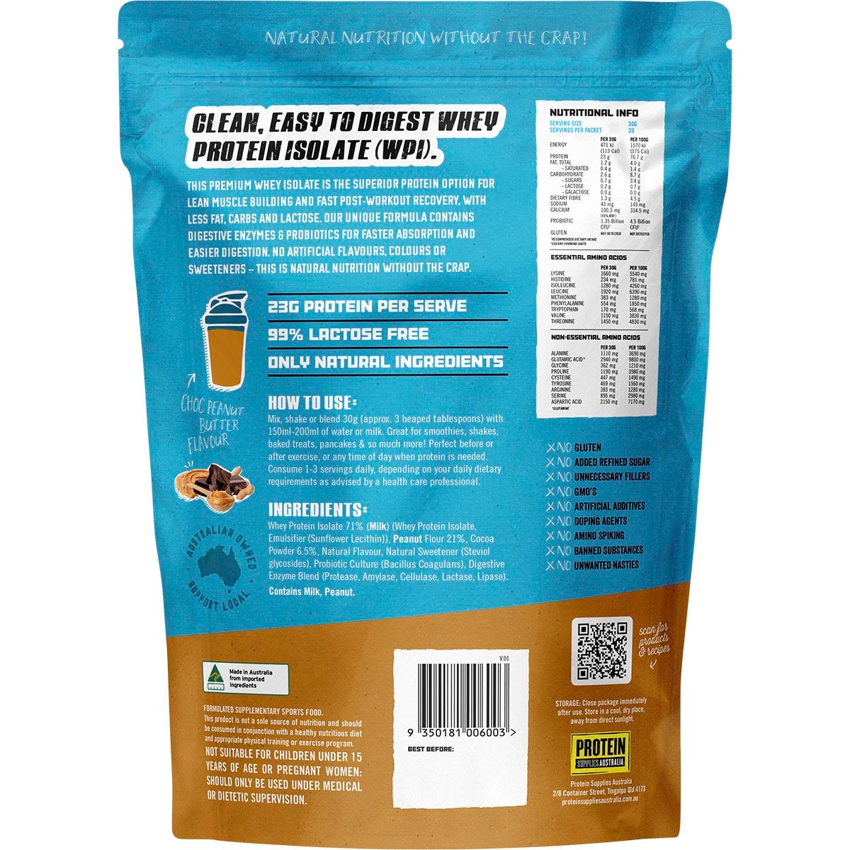 Protein Supplies Australia Wpi Whey Protein Isolate Choc Peanut 1kg