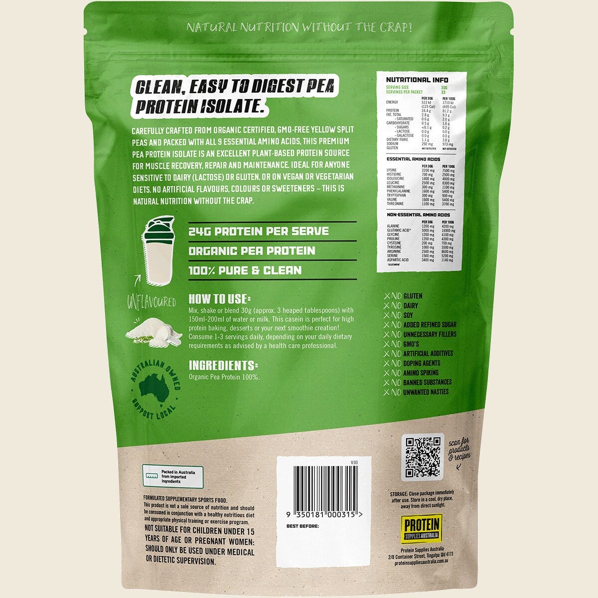 PROTEIN SUPPLIES AUSTRALIA PeaPro (Raw Pea Protein) Pure 1kg