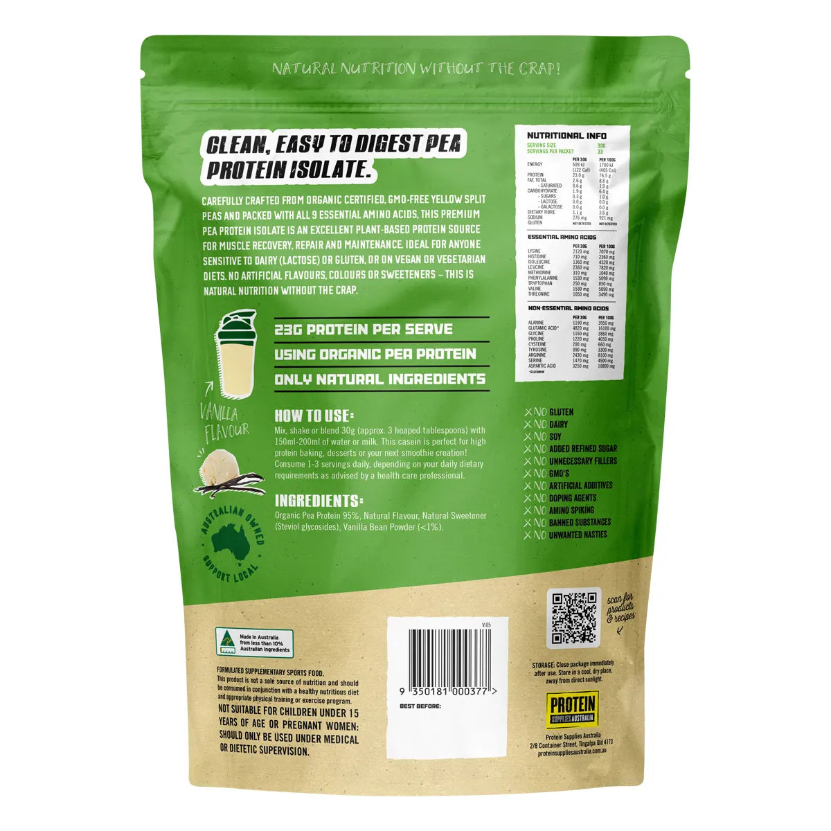 Protein Supplies Australia Pea Protein Isolate Vanilla 1 kg