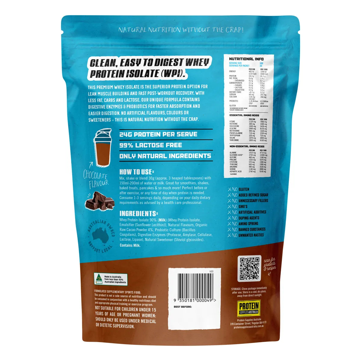 PROTEIN SUPPLIES AUSTRALIA WPI (Whey Protein Isolate) Chocolate 1kg