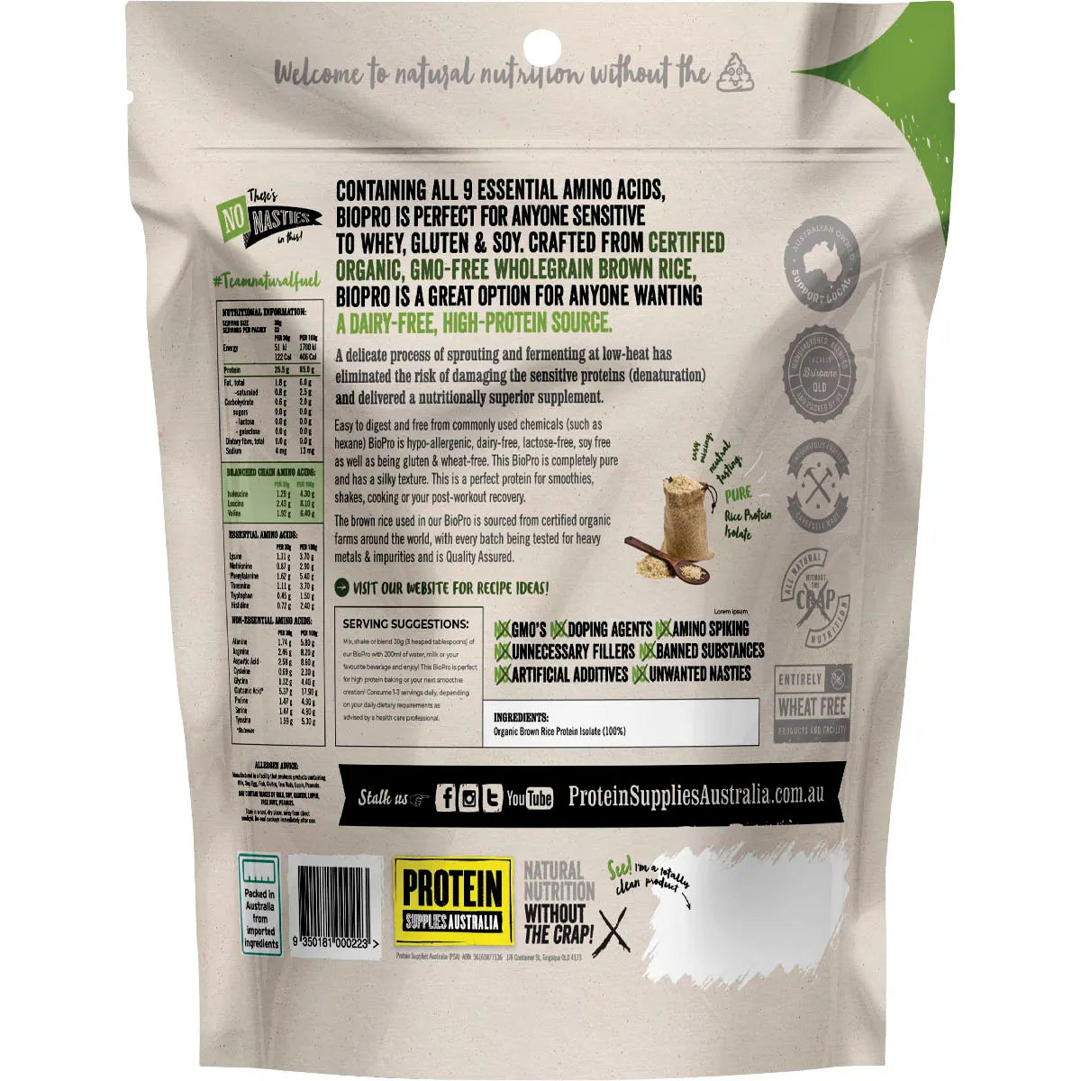 PROTEIN SUPPLIES AUSTRALIA BioPro (Sprouted Brown Rice) Pure 1kg