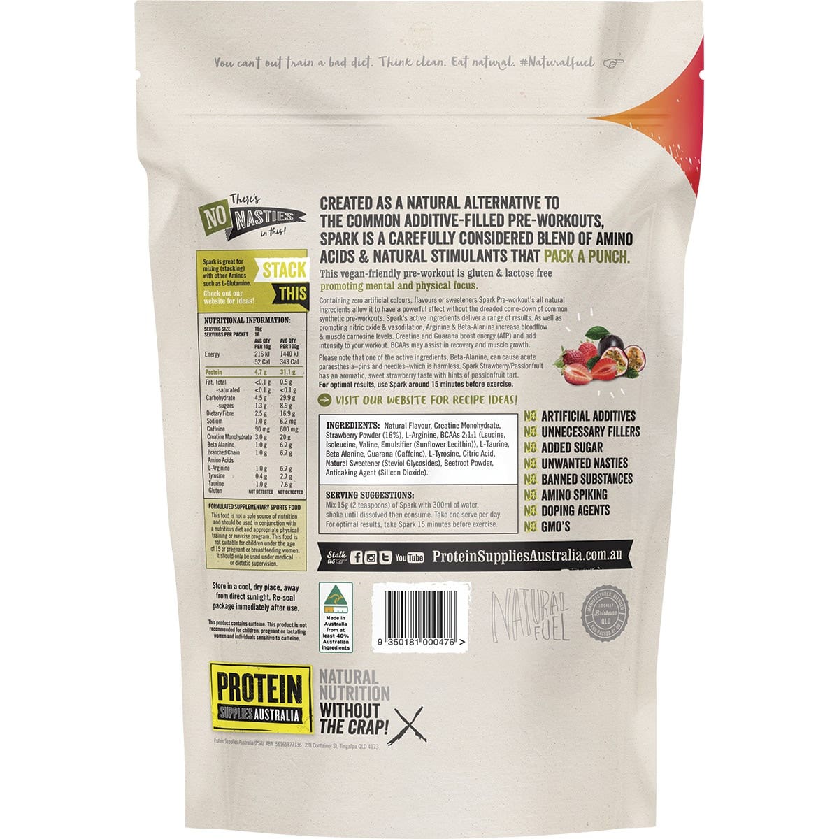 PROTEIN SUPPLIES AUSTRALIA Spark (All Natural Pre-workout) Strawberry & Passionfruit 250g