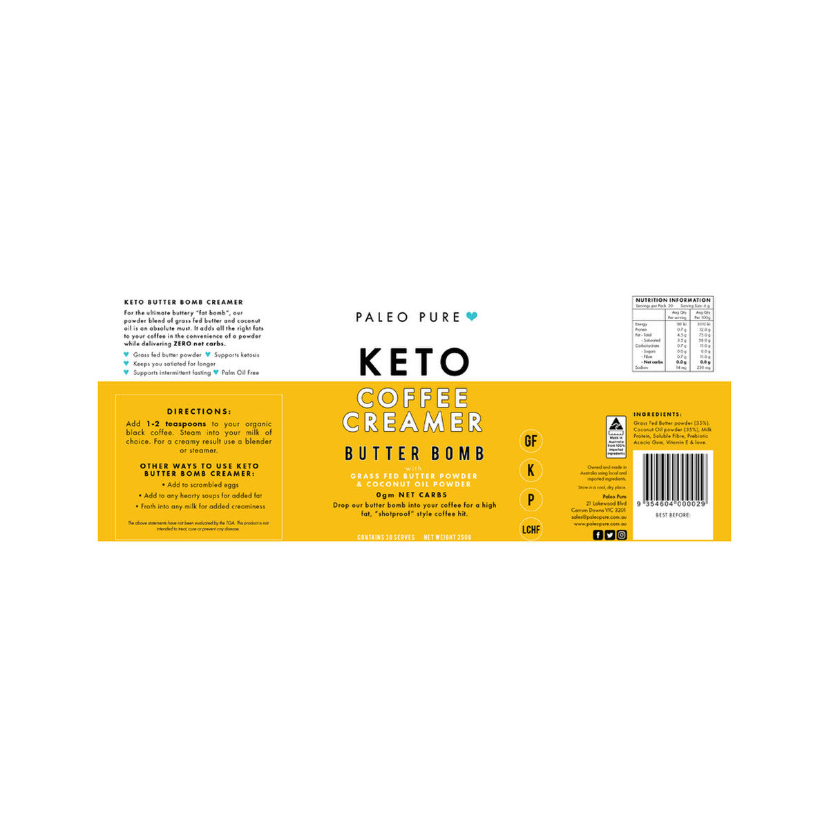 Paleo Pure Keto Coffee Creamer Butter Bomb 250g