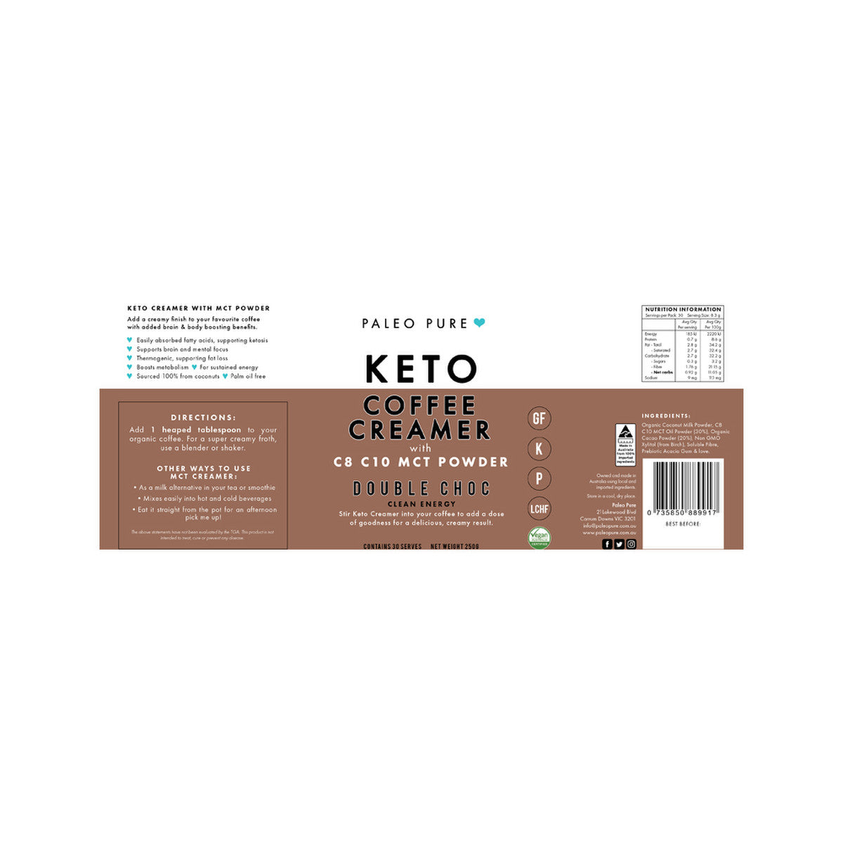 Paleo Pure Keto Coffee Creamer (with C8 C10 MCT Powder) Double Choc 250g