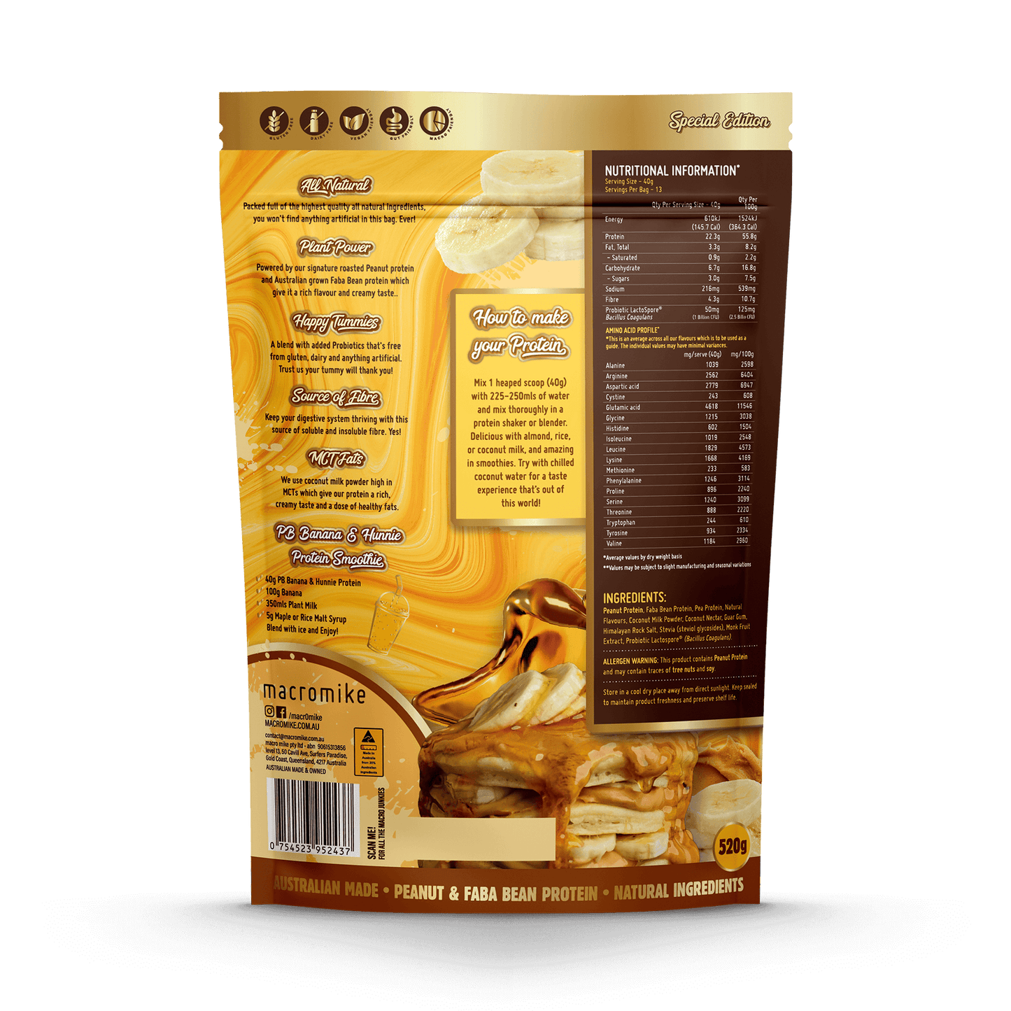 Macro Mike Peanut Plant Protein PB Banana & Hunnie 520g