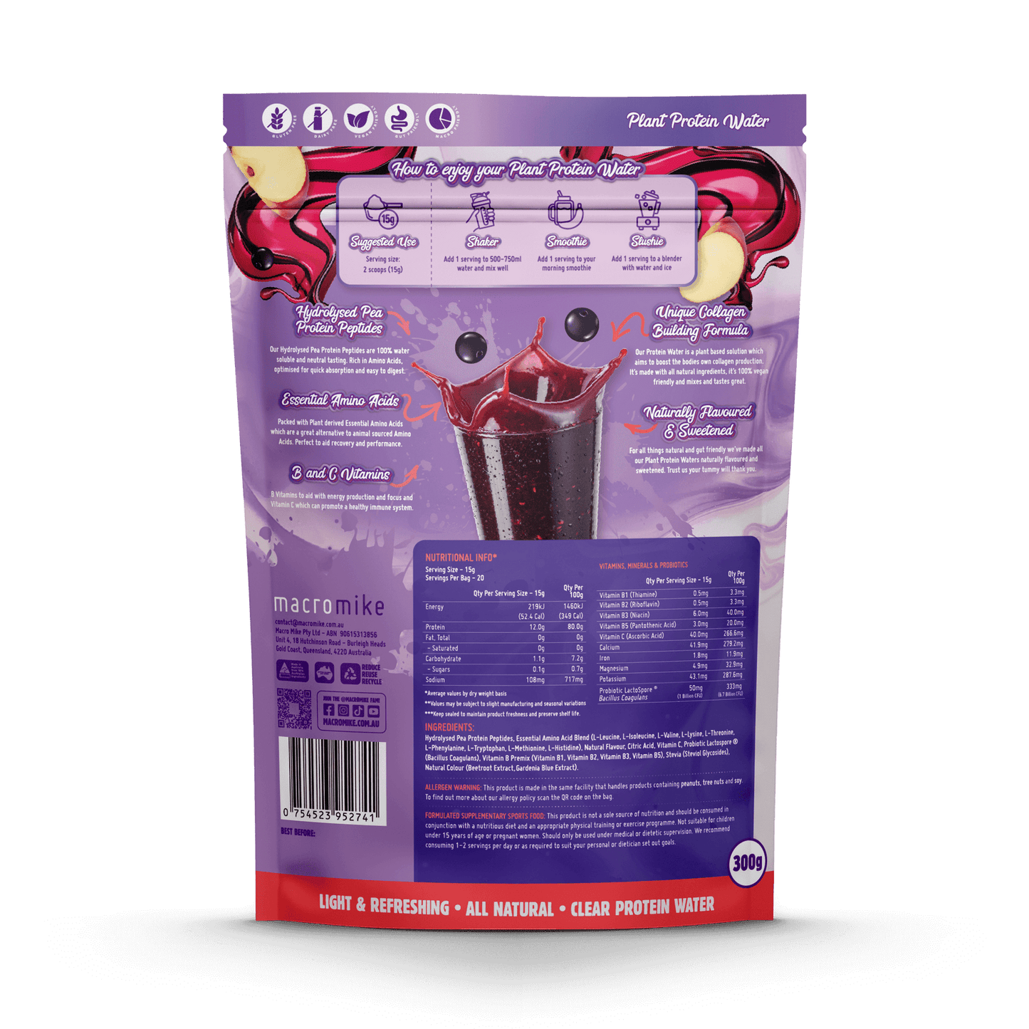 Macro Mike Plant Protein Water Apple Blackcurrant 300g