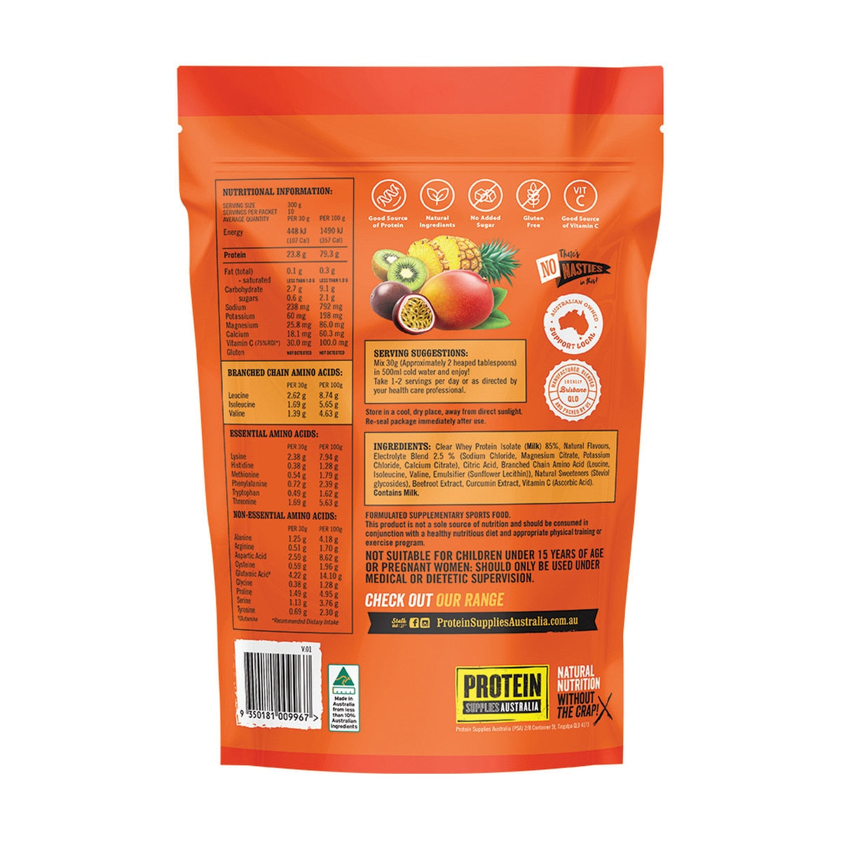 Protein Supplies Australia Protein Water (contains Electrolytes + BCAAs) Tropical Punch 300g