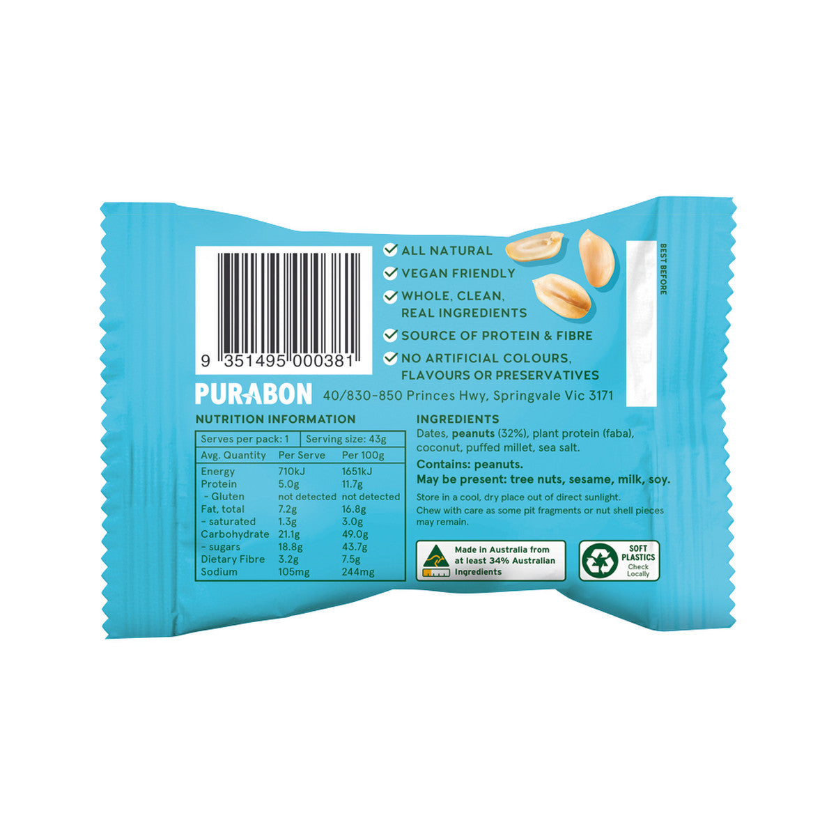 Purabon Protein Balls Peanut Butter 43g(Pack of 12)