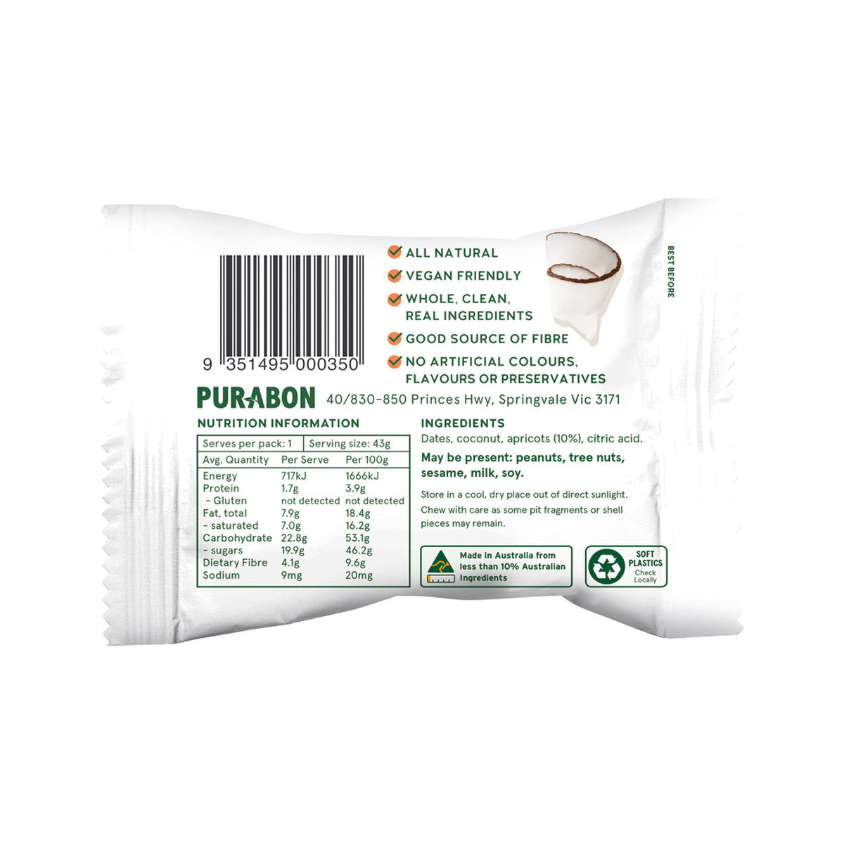 Purabon Wholefood Balls Apricot Delight 43g(Pack of 12)