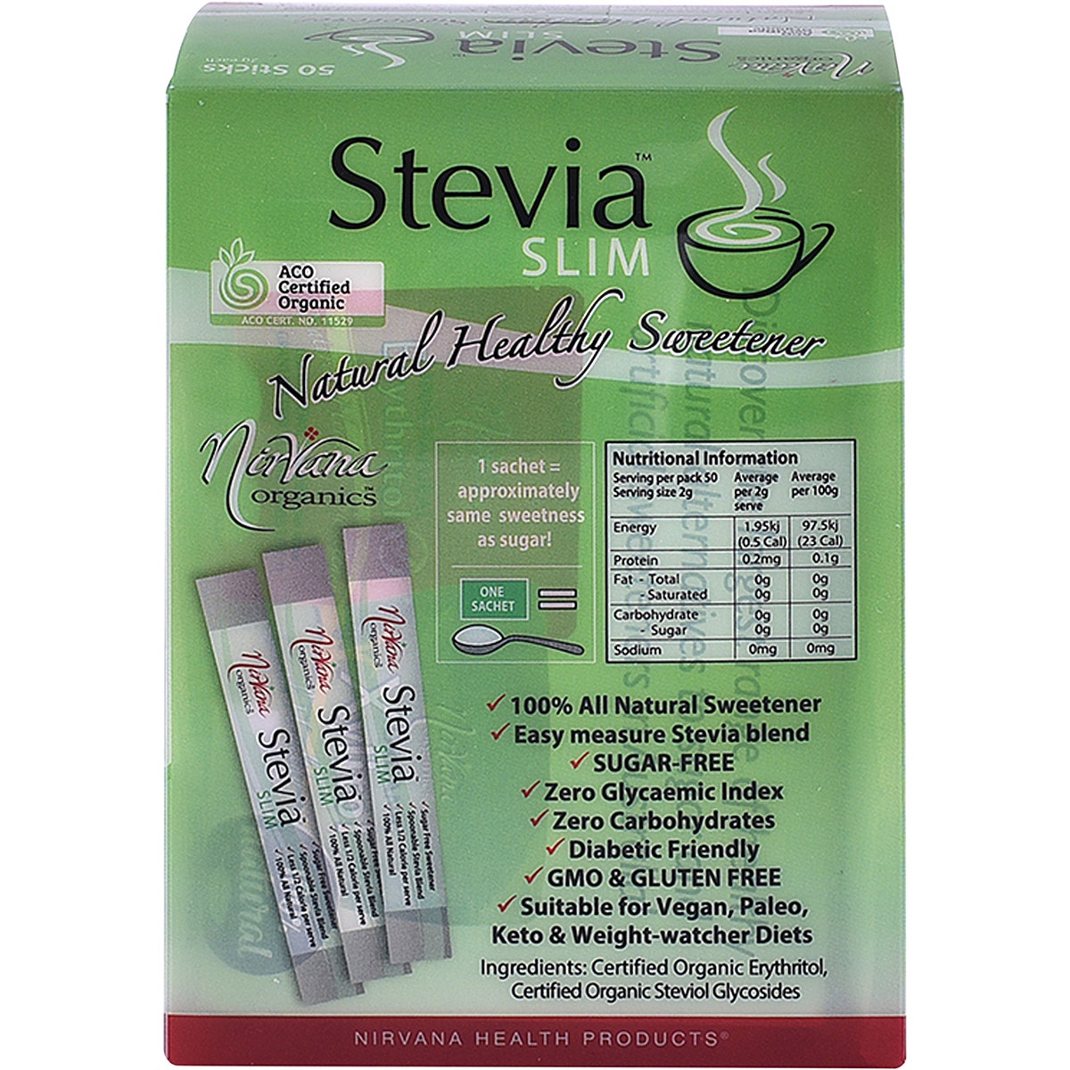 NIRVANA ORGANICS Stevia & Erythritol Sweetener Stevia Slim Sticks 50x2g