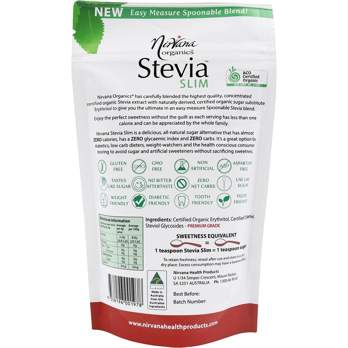 NIRVANA ORGANICS Stevia & Erythritol Sweetener Stevia Slim Spoonable 225g