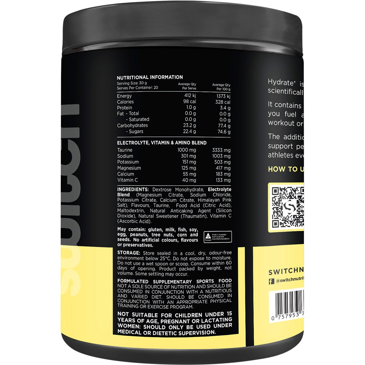 SWITCH NUTRITION Hydrate+ Electrolytes & Carbohydrate Kiwi Watermelon 600g