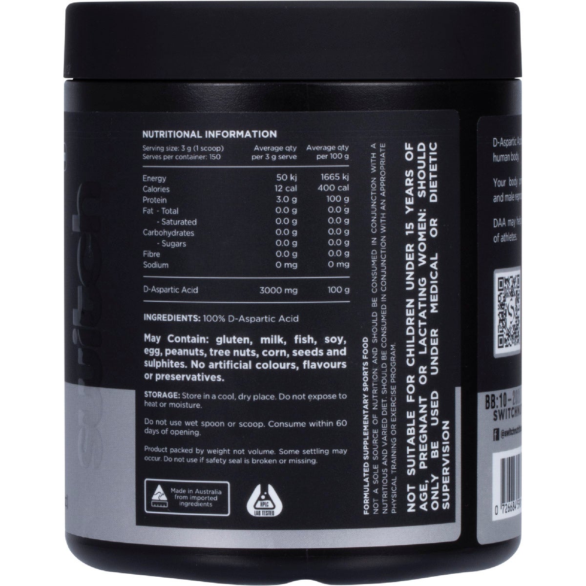 Switch Nutrition Daa 100% Pure D-aspartic Acid Unflavoured 150g