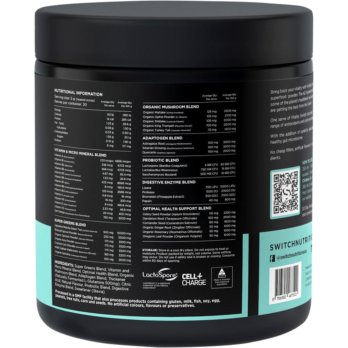 SWITCH NUTRITION Vitality Revitalising Greens Powder Chocolate 150g