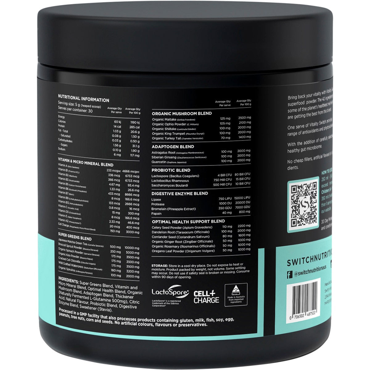 SWITCH NUTRITION Vitality Revitalising Greens Powder Strawberry Kiwi 150g