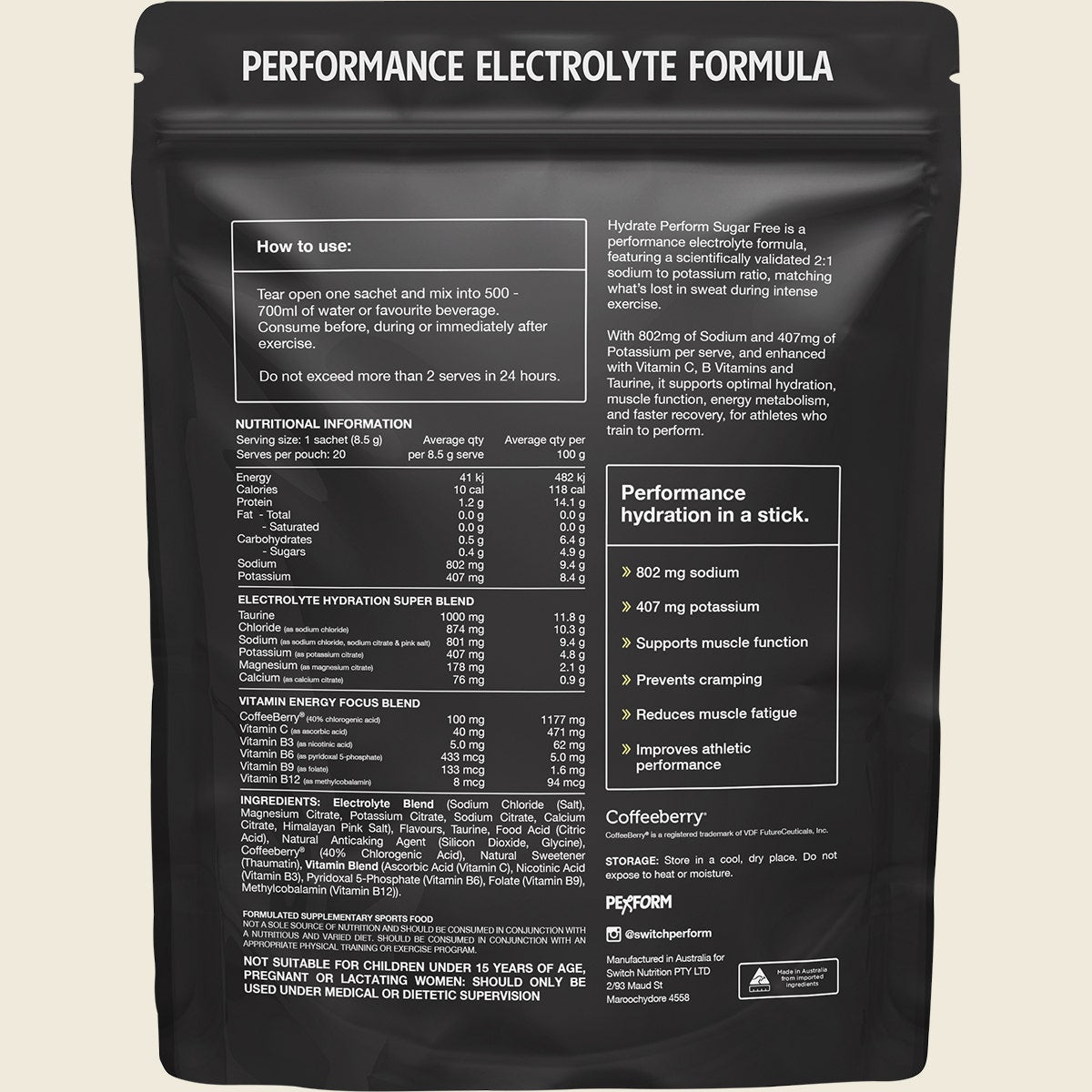 Switch Nutrition Hydrate Perform Sugar Free Kiwi Watermelon 20x8.5g