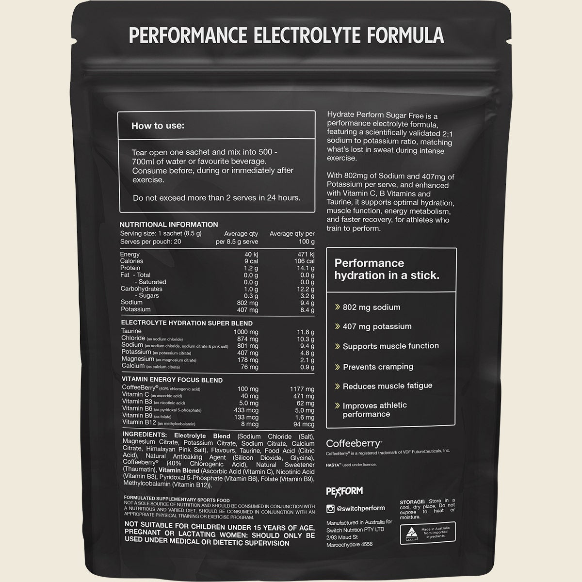 Switch Nutrition Hydrate Perform Sugar Free Lemon Lime 20x8.5g