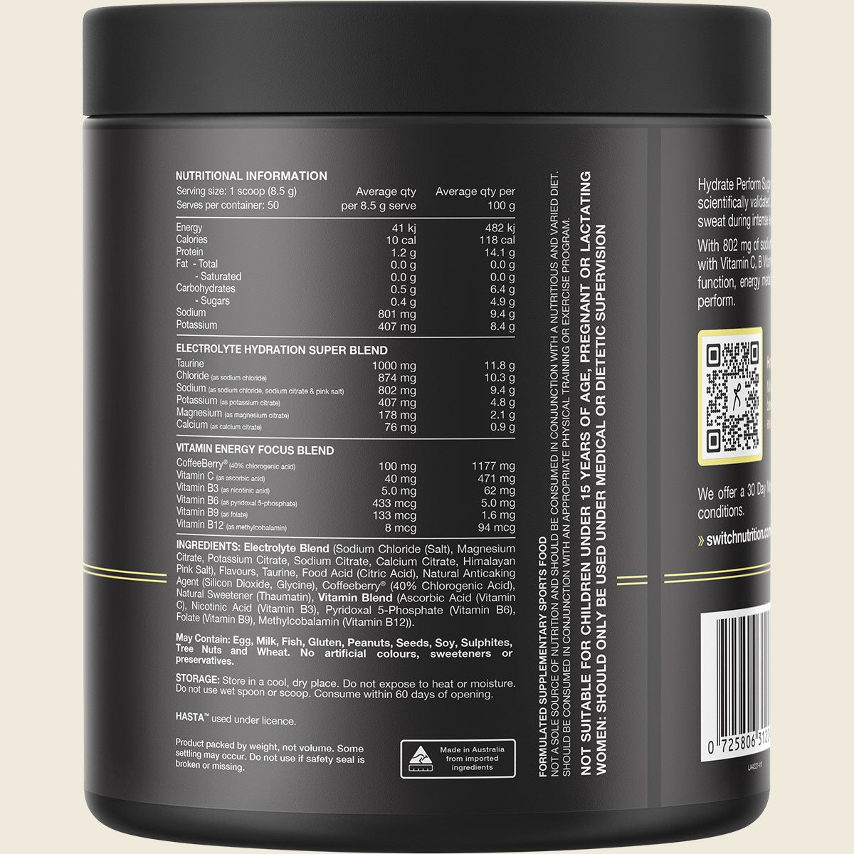 Switch Nutrition Hydrate Perform Sugar Free Lemon Lime 425g