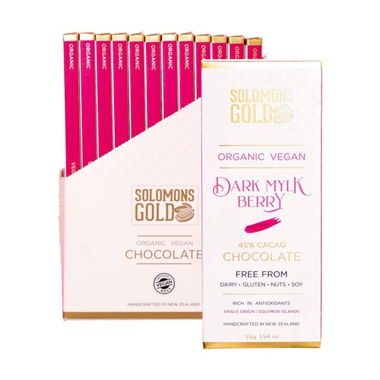 Solomons Gold Organic Vegan Dark Mylk Berry Chocolate (45% Cacao) 55g(Pack of 12)