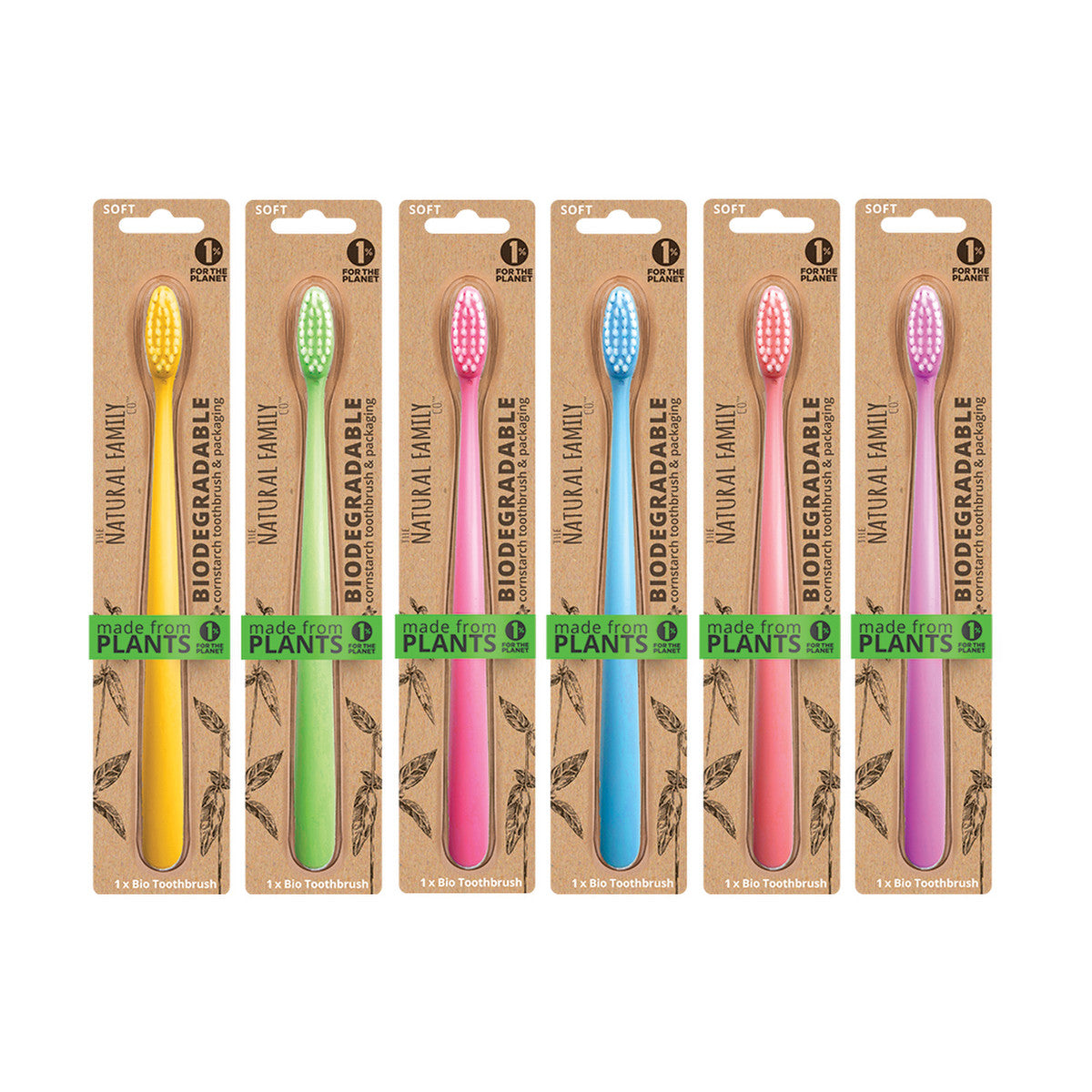 The Natural Family Co. Bio Toothbrush Neon Mixed (Pack of 8) (contains: Up To 6 Different Neon Colours - Supplied at Random)