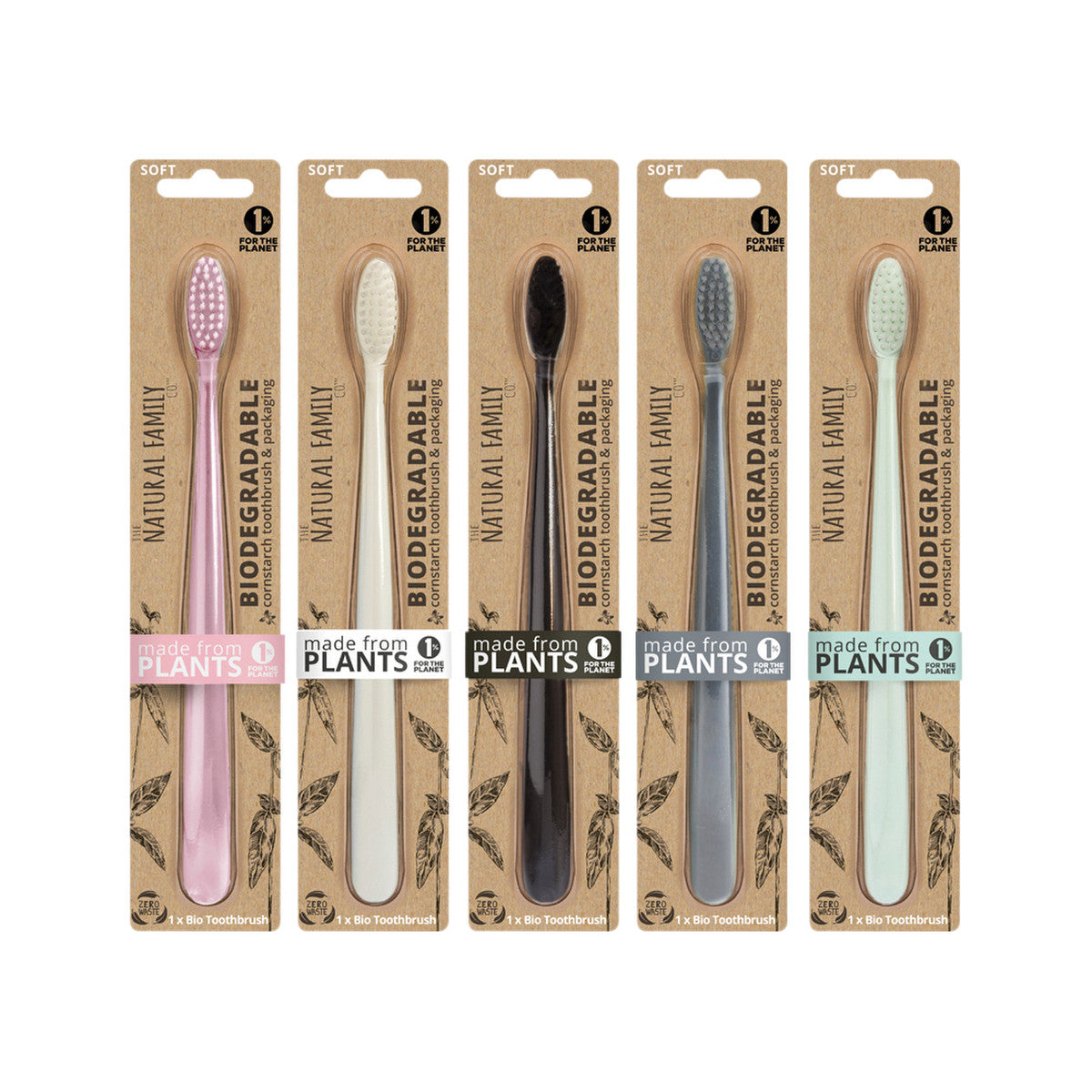 The Natural Family Co. Bio Toothbrush Pastel Mixed (Pack of 8) (contains: Up To 5 Different Pastel Colours - Supplied at Random)