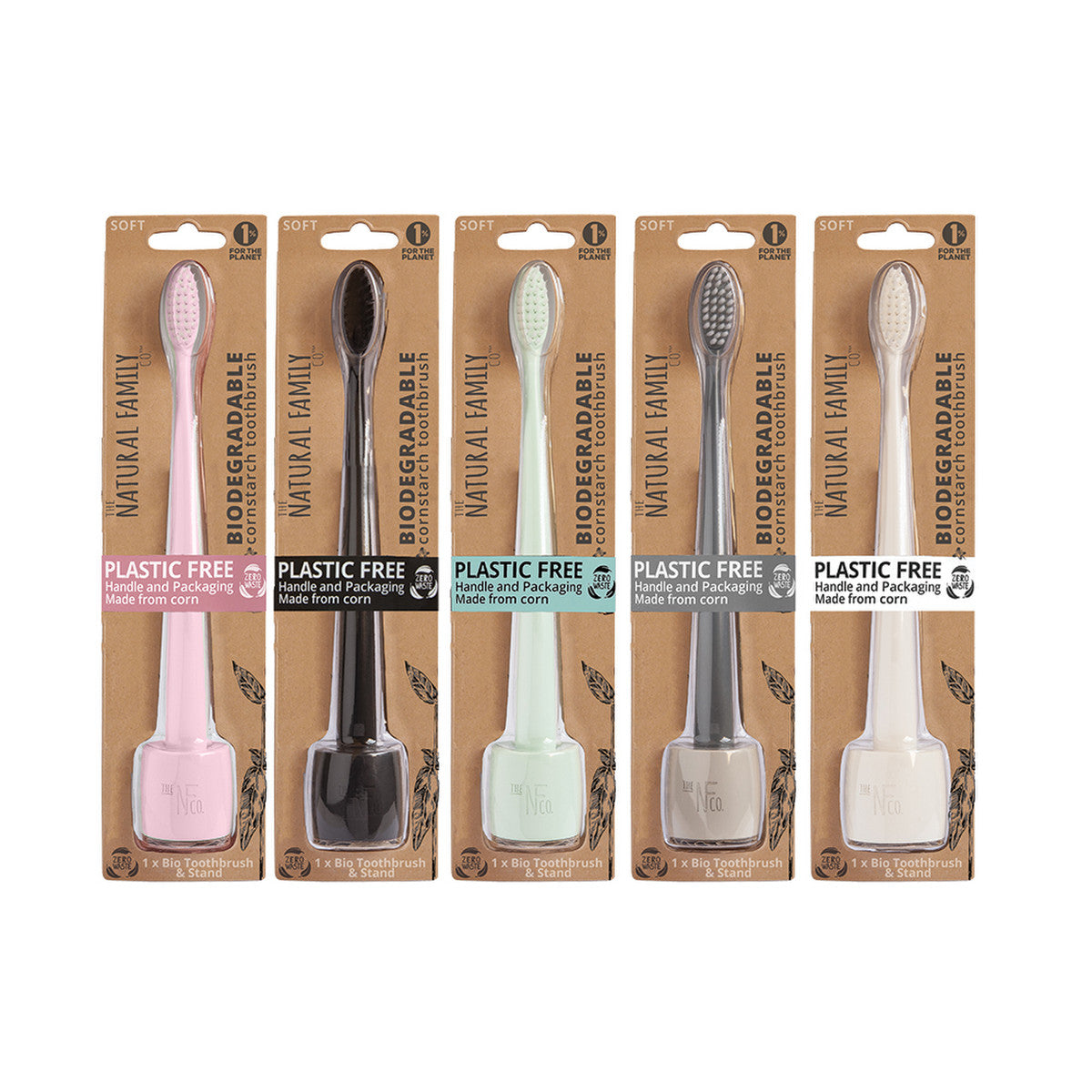The Natural Family Co. Bio Toothbrush Pastel with Stand Mixed (Pack of 8) (contains: Up To 5 Different Pastel Colours - Supplied at Random)