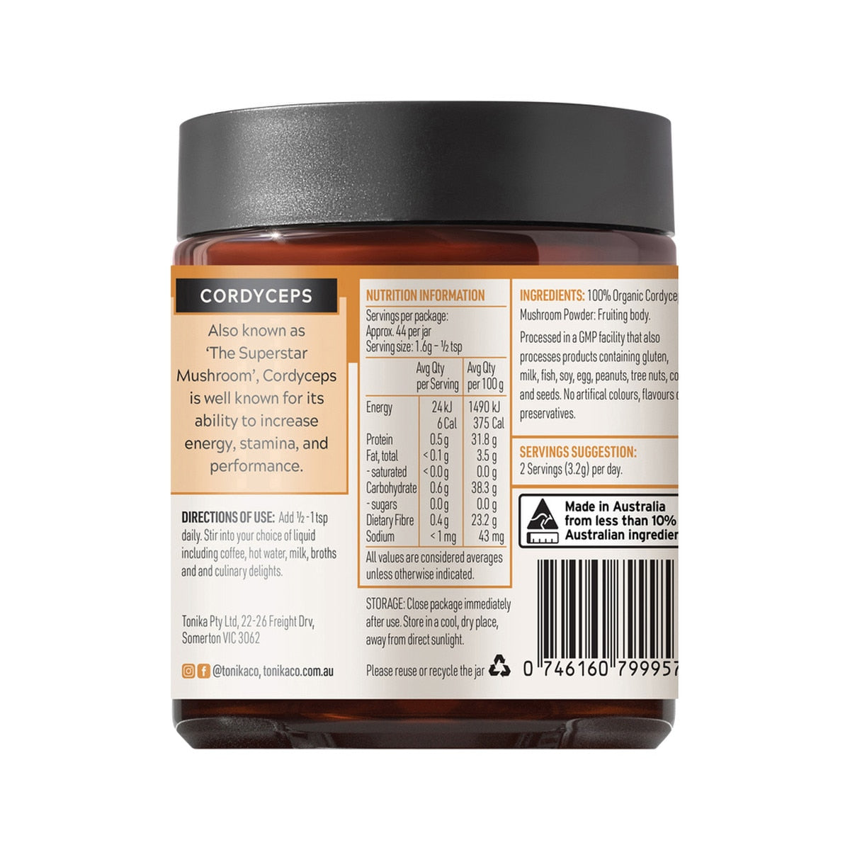 Tonika 100% Organic Mushroom Powder Cordyceps 90g