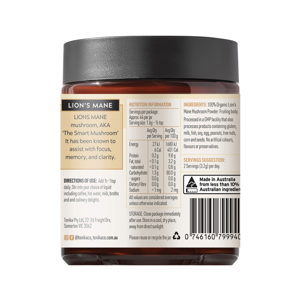 Tonika 100% Organic Mushroom Powder Lion's Mane 90g