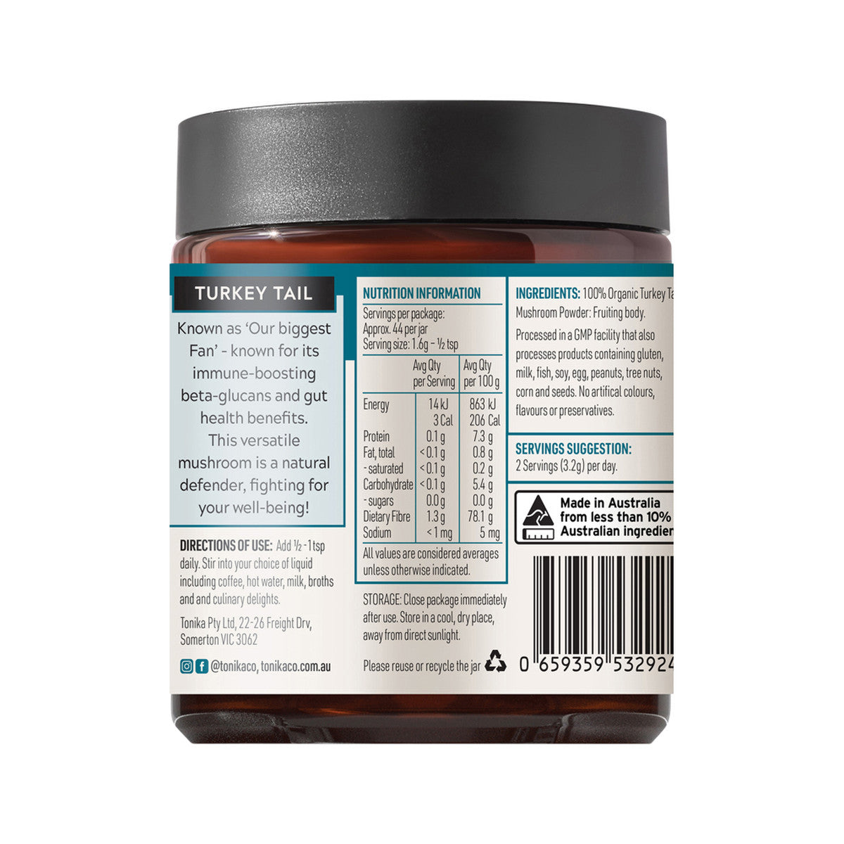 Tonika 100% Organic Mushroom Powder Turkey Tail 90g