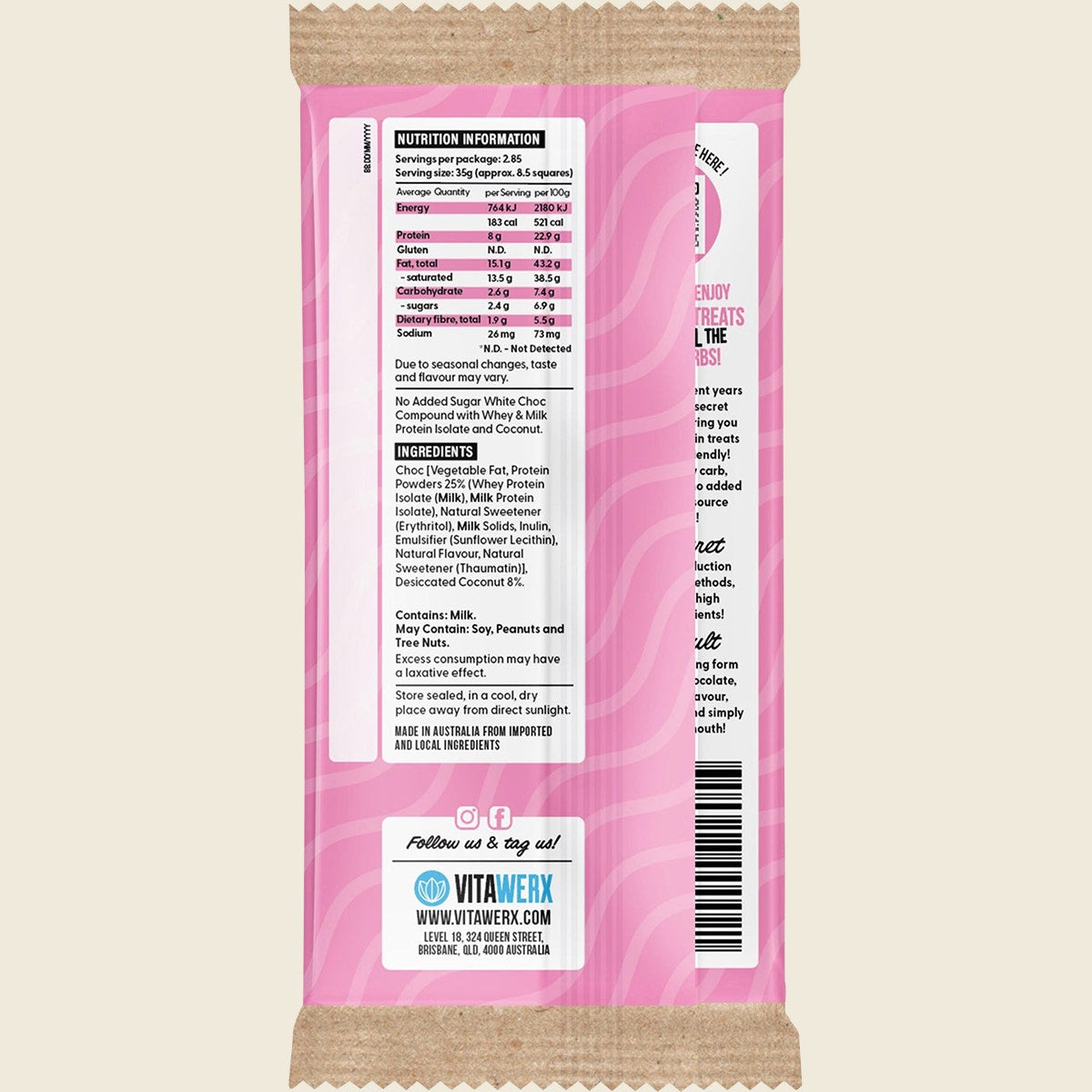 VITAWERX Protein White Chocolate Bar Coconut Rough 12x100g