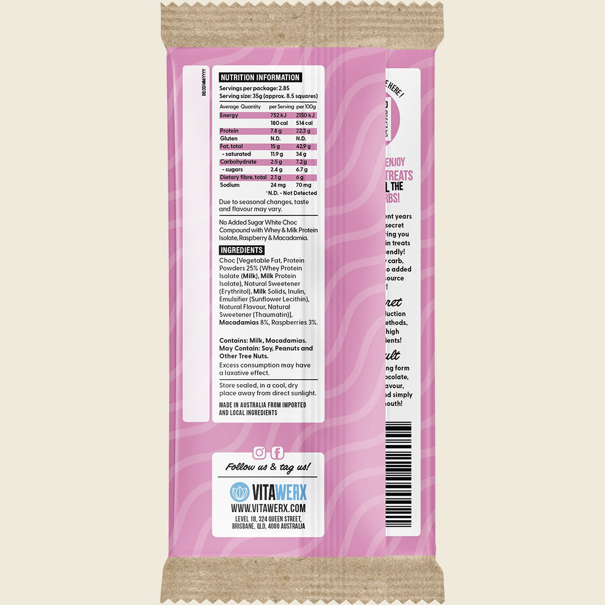 VITAWERX Protein White Chocolate Bar Raspberry Macadamia 12x100g