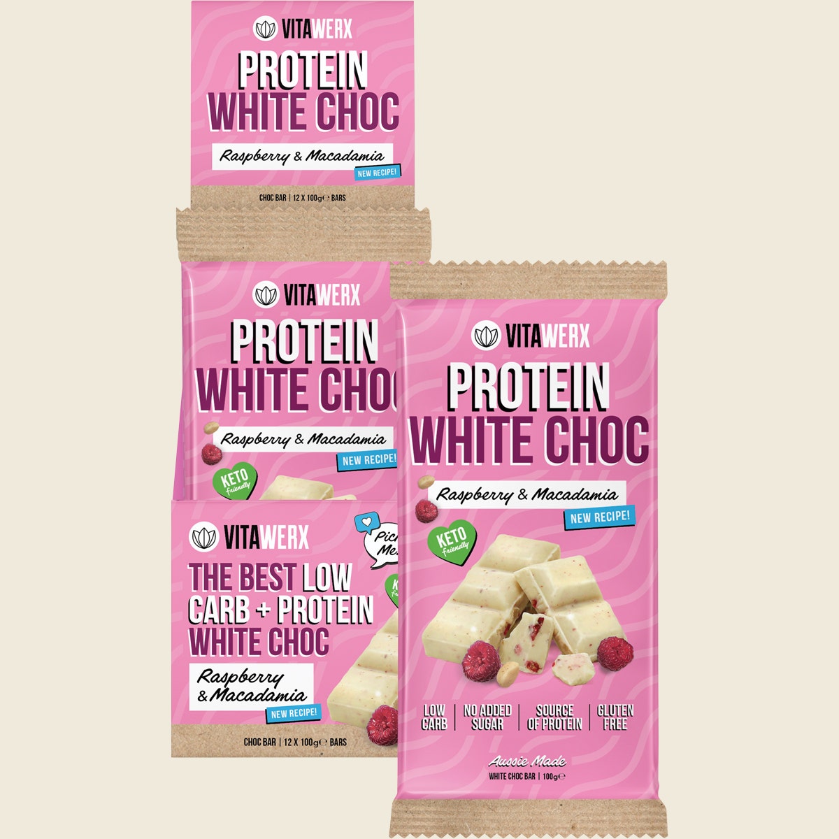VITAWERX Protein White Chocolate Bar Raspberry Macadamia 12x100g