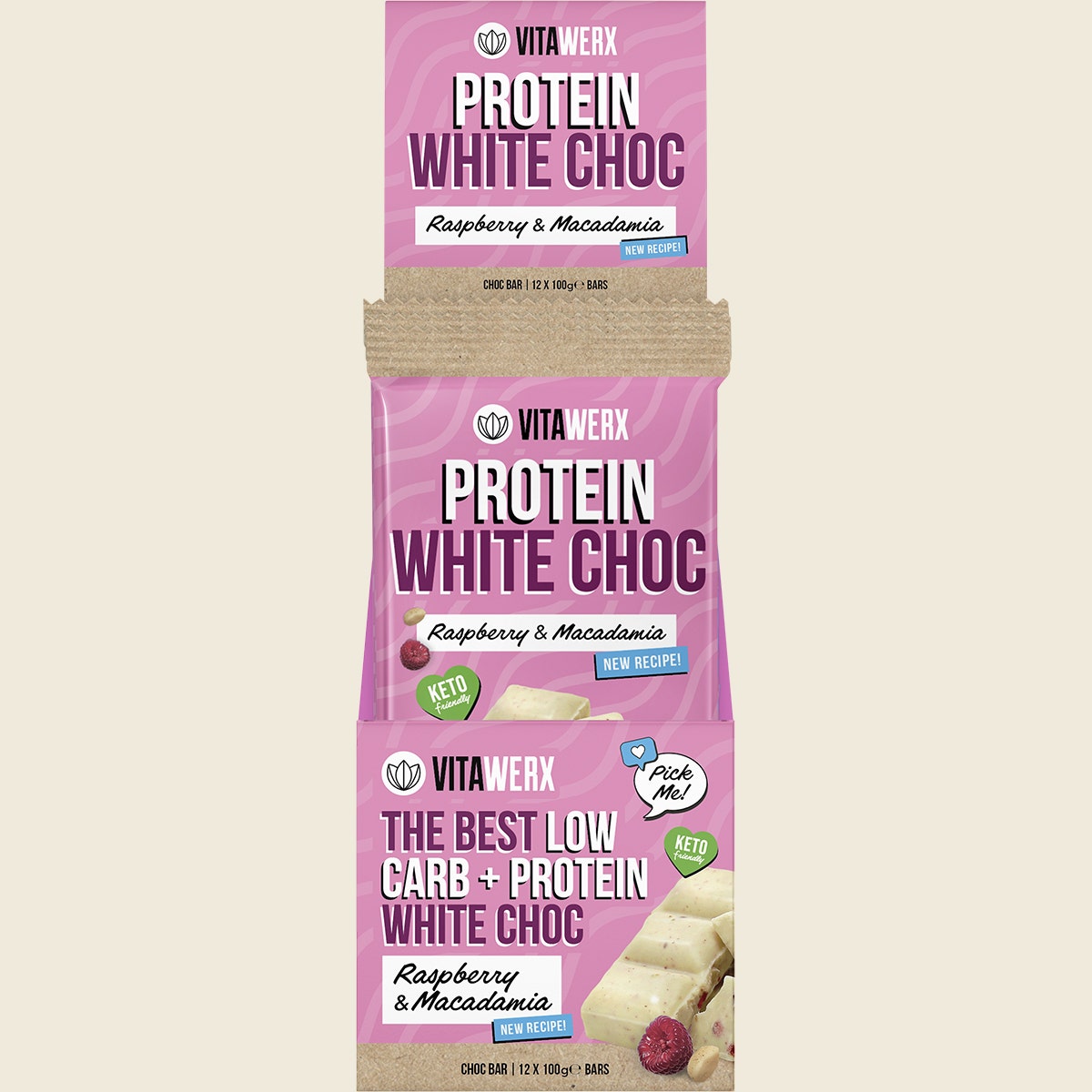 VITAWERX Protein White Chocolate Bar Raspberry Macadamia 12x100g