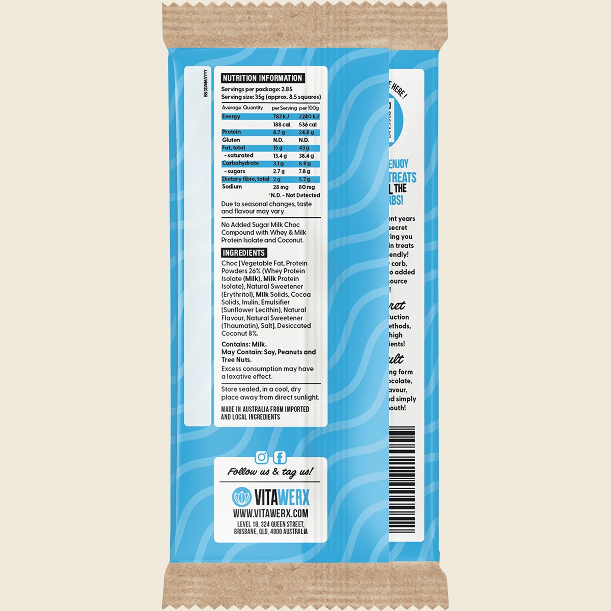 VITAWERX Protein Milk Chocolate Bar Coconut Rough 12x100g