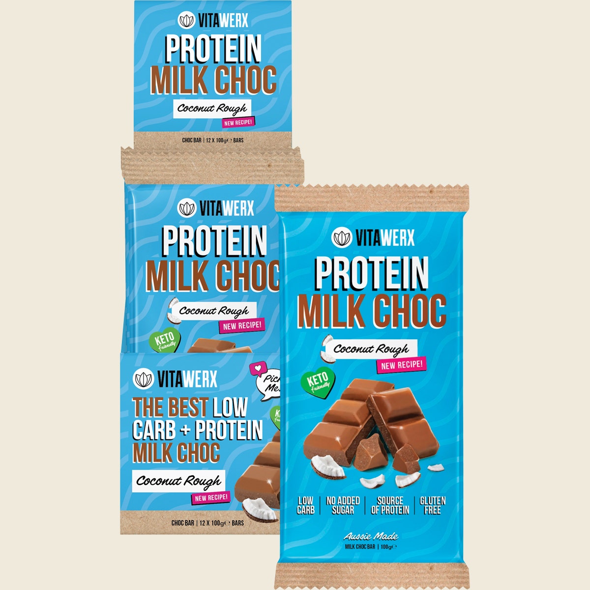 VITAWERX Protein Milk Chocolate Bar Coconut Rough 12x100g